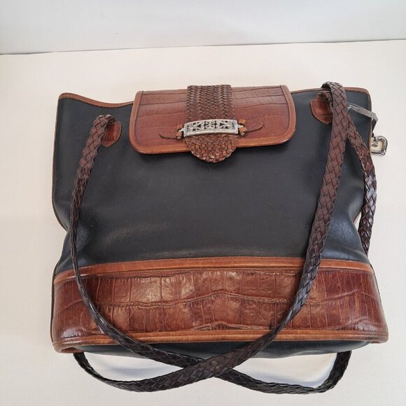 BRIGHTON Black Leather Brown Croc Emboss Braided Handle Shoulder Bag - Picture 7 of 15